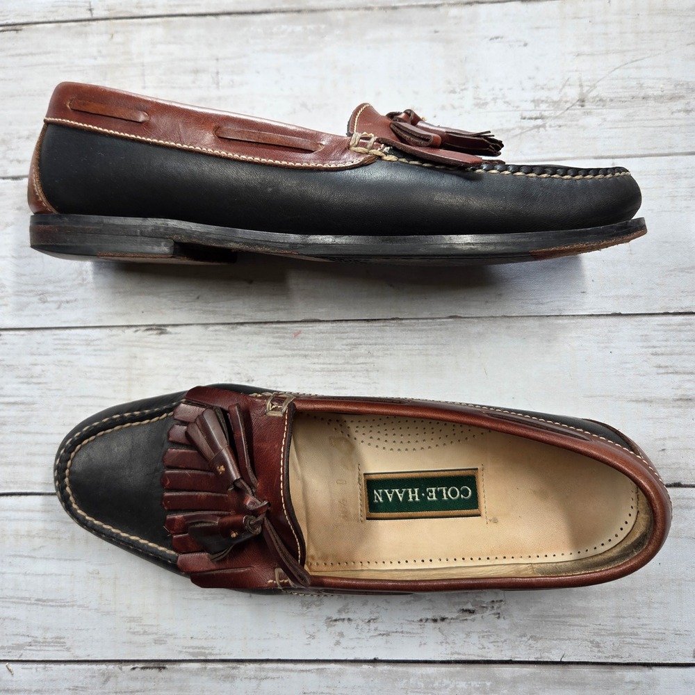 Cole Haan Kiltie Tassel Loafer Men 10.5D Black Brown Leather Two Tone Dress Shoe